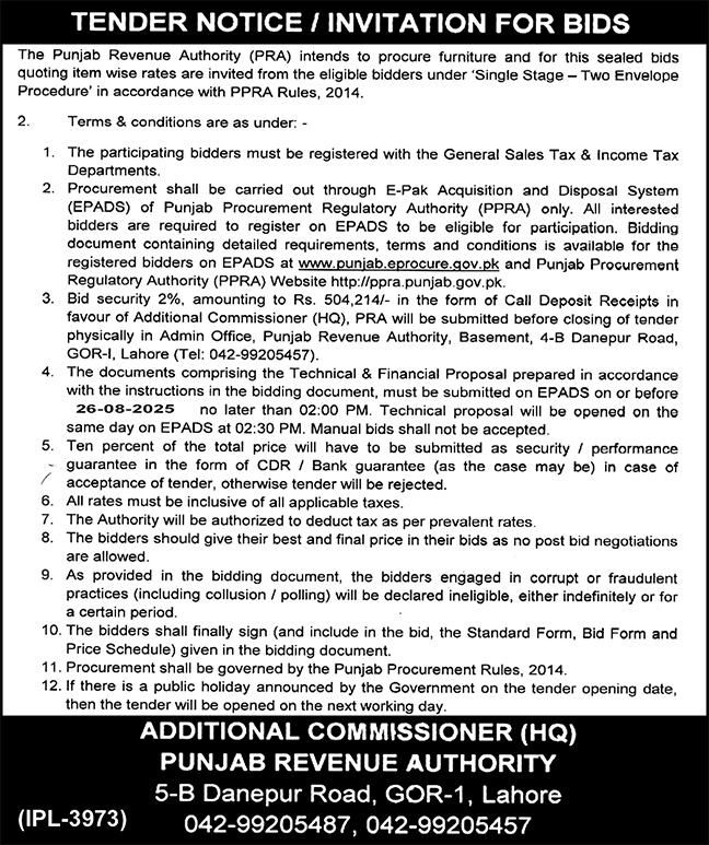 Punjab Revenue Authority Lahore Tender Notice